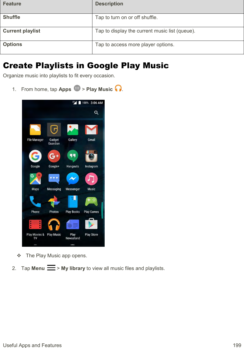 Useful Apps and Features  199 Feature Description Shuffle Tap to turn on or off shuffle. Current playlist Tap to display the current music list (queue). Options Tap to access more player options. Create Playlists in Google Play Music Organize music into playlists to fit every occasion. 1.  From home, tap Apps   &gt; Play Music  .     The Play Music app opens. 2.  Tap Menu   &gt; My library to view all music files and playlists. 