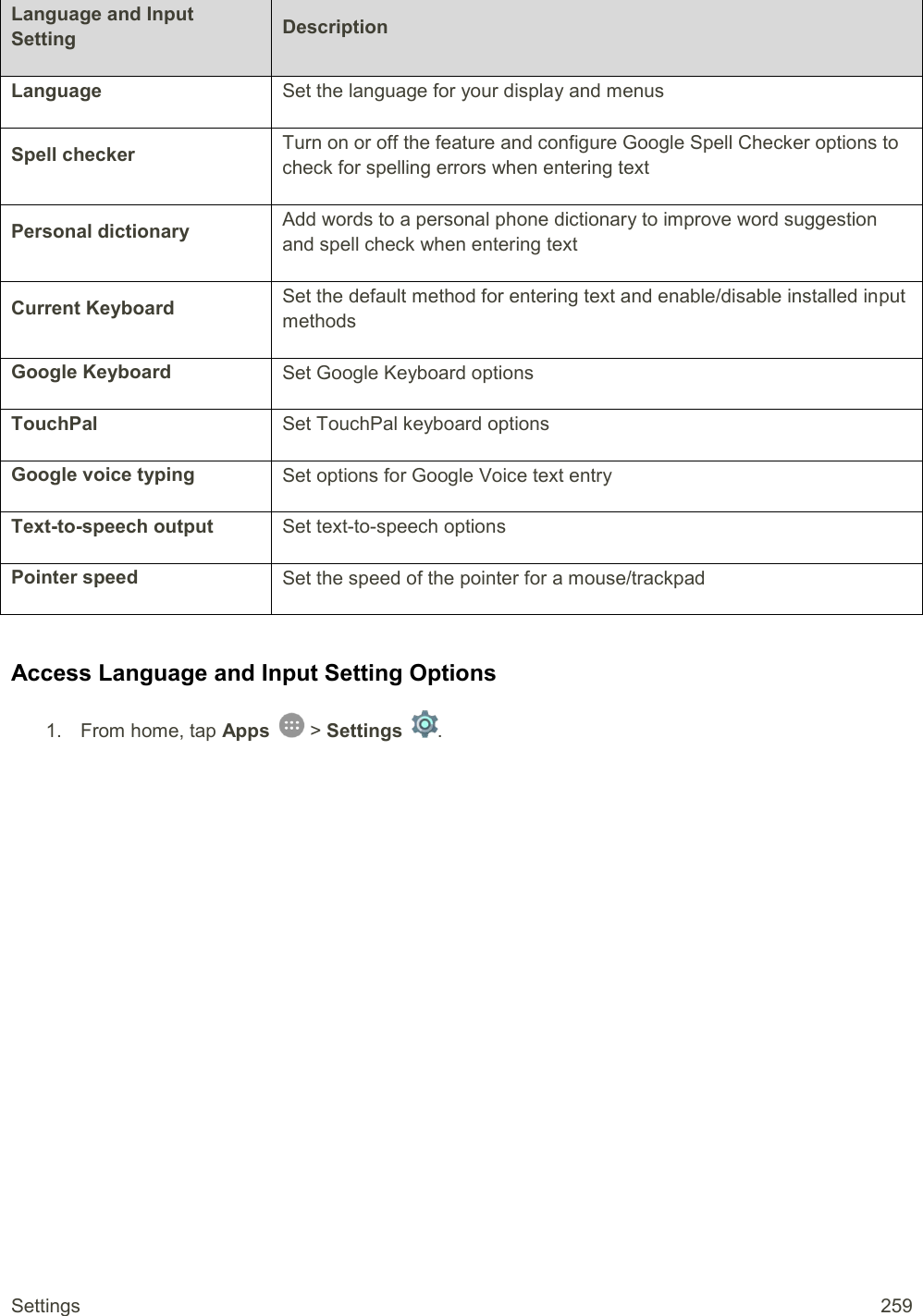 Settings  259 Language and Input Setting Description Language Set the language for your display and menus Spell checker Turn on or off the feature and configure Google Spell Checker options to check for spelling errors when entering text Personal dictionary Add words to a personal phone dictionary to improve word suggestion and spell check when entering text Current Keyboard Set the default method for entering text and enable/disable installed input methods Google Keyboard Set Google Keyboard options TouchPal Set TouchPal keyboard options Google voice typing Set options for Google Voice text entry Text-to-speech output Set text-to-speech options Pointer speed Set the speed of the pointer for a mouse/trackpad  Access Language and Input Setting Options 1.  From home, tap Apps   &gt; Settings  .  