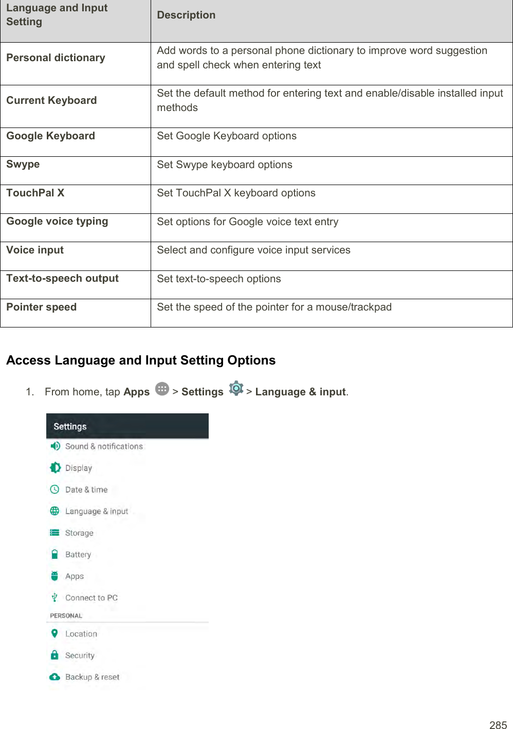  285 Language and Input Setting Description Personal dictionary Add words to a personal phone dictionary to improve word suggestion and spell check when entering text Current Keyboard Set the default method for entering text and enable/disable installed input methods Google Keyboard Set Google Keyboard options Swype Set Swype keyboard options TouchPal X Set TouchPal X keyboard options Google voice typing Set options for Google voice text entry Voice input Select and configure voice input services Text-to-speech output Set text-to-speech options Pointer speed Set the speed of the pointer for a mouse/trackpad  Access Language and Input Setting Options 1.  From home, tap Apps   &gt; Settings   &gt; Language &amp; input.   