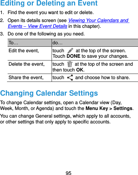  95 Editing or Deleting an Event 1.  Find the event you want to edit or delete. 2.  Open its details screen (see Viewing Your Calendars and Events – View Event Details in this chapter). 3.  Do one of the following as you need. To… do… Edit the event, touch    at the top of the screen. Touch DONE to save your changes. Delete the event, touch    at the top of the screen and then touch OK. Share the event, touch    and choose how to share. Changing Calendar Settings To change Calendar settings, open a Calendar view (Day, Week, Month, or Agenda) and touch the Menu Key &gt; Settings. You can change General settings, which apply to all accounts, or other settings that only apply to specific accounts.     