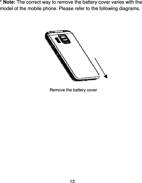  13 * Note: The correct way to remove the battery cover varies with the model of the mobile phone. Please refer to the following diagrams.          Remove the battery cover 