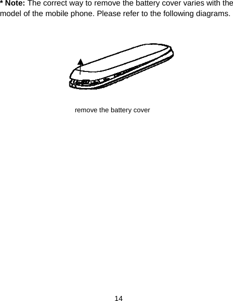  14 * Note: The correct way to remove the battery cover varies with the model of the mobile phone. Please refer to the following diagrams.    remove the battery cover 