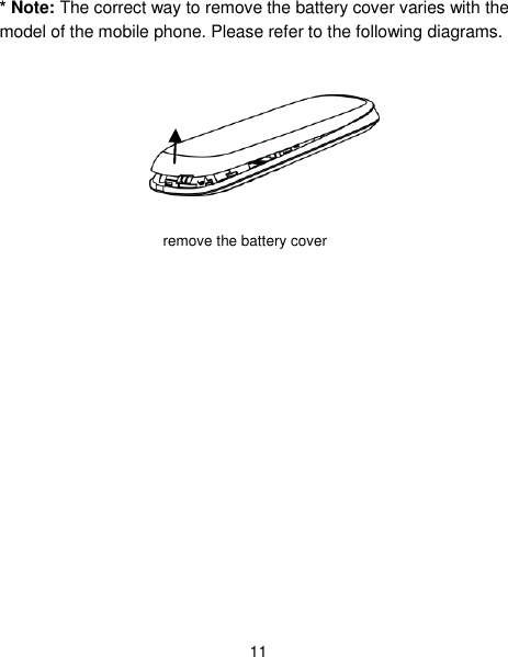  11 * Note: The correct way to remove the battery cover varies with the model of the mobile phone. Please refer to the following diagrams.    remove the battery cover 