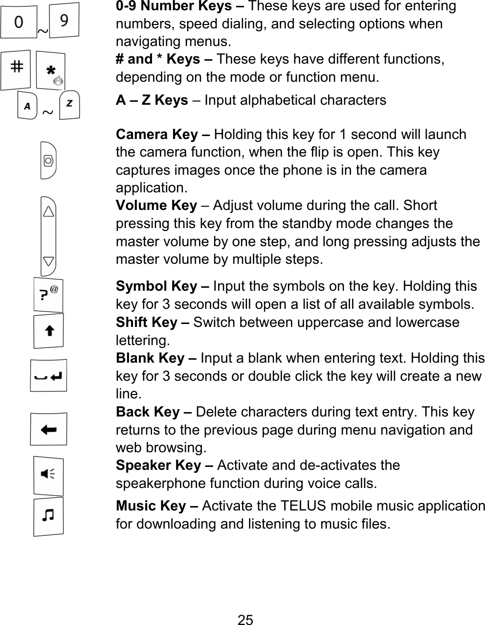 25 ~  0-9 Number Keys – These keys are used for entering numbers, speed dialing, and selecting options when navigating menus.      # and * Keys – These keys have different functions, depending on the mode or function menu.  ~   A – Z Keys – Input alphabetical characters  Camera Key – Holding this key for 1 second will launch the camera function, when the flip is open. This key captures images once the phone is in the camera application.     Volume Key – Adjust volume during the call. Short pressing this key from the standby mode changes the master volume by one step, and long pressing adjusts the master volume by multiple steps.   Symbol Key – Input the symbols on the key. Holding this key for 3 seconds will open a list of all available symbols.  Shift Key – Switch between uppercase and lowercase lettering.  Blank Key – Input a blank when entering text. Holding this key for 3 seconds or double click the key will create a new line.  Back Key – Delete characters during text entry. This key returns to the previous page during menu navigation and web browsing.  Speaker Key – Activate and de-activates the speakerphone function during voice calls.  Music Key – Activate the TELUS mobile music application for downloading and listening to music files. 