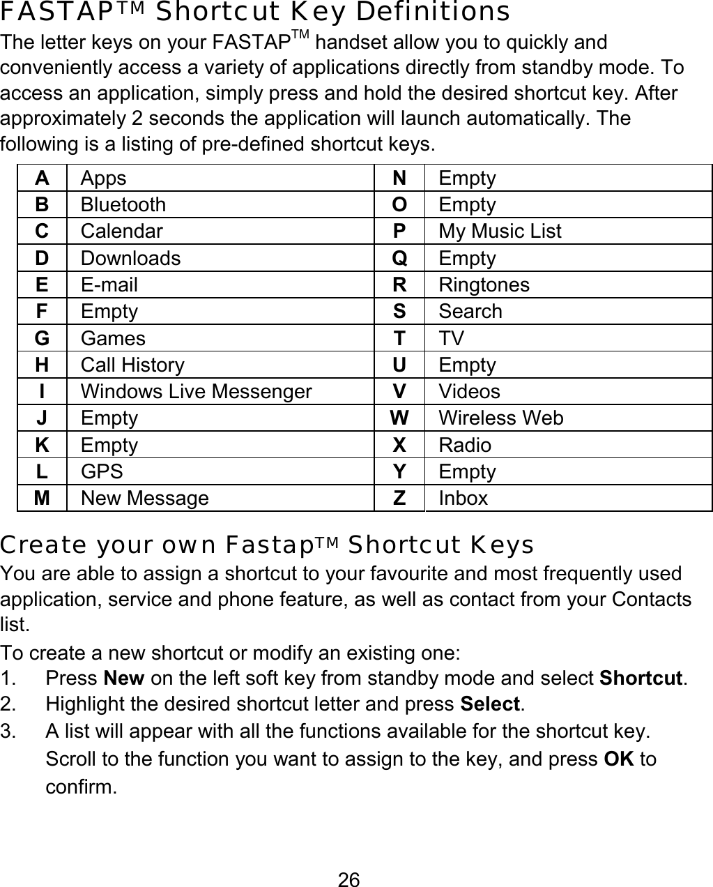 26 FASTAPTM Shortcut Key Definitions The letter keys on your FASTAPTM handset allow you to quickly and conveniently access a variety of applications directly from standby mode. To access an application, simply press and hold the desired shortcut key. After approximately 2 seconds the application will launch automatically. The following is a listing of pre-defined shortcut keys.   A  Apps  NEmpty B  Bluetooth  OEmpty C  Calendar  PMy Music List D  Downloads  QEmpty E  E-mail  RRingtones F  Empty  SSearch G  Games  TTV H  Call History  UEmpty I  Windows Live Messenger  VVideos J  Empty  WWireless Web K  Empty  XRadio L  GPS  YEmpty M  New Message  ZInbox Create your own FastapTM Shortcut Keys You are able to assign a shortcut to your favourite and most frequently used application, service and phone feature, as well as contact from your Contacts list. To create a new shortcut or modify an existing one: 1. Press New on the left soft key from standby mode and select Shortcut. 2.  Highlight the desired shortcut letter and press Select. 3.  A list will appear with all the functions available for the shortcut key. Scroll to the function you want to assign to the key, and press OK to confirm. 