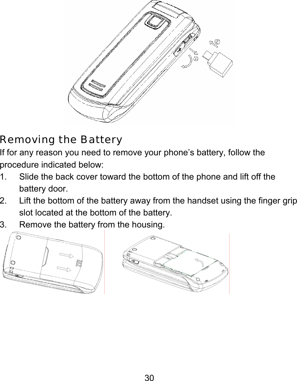 30  Removing the Battery If for any reason you need to remove your phone’s battery, follow the procedure indicated below: 1.  Slide the back cover toward the bottom of the phone and lift off the battery door. 2.  Lift the bottom of the battery away from the handset using the finger grip slot located at the bottom of the battery. 3. Remove the battery from the housing.             