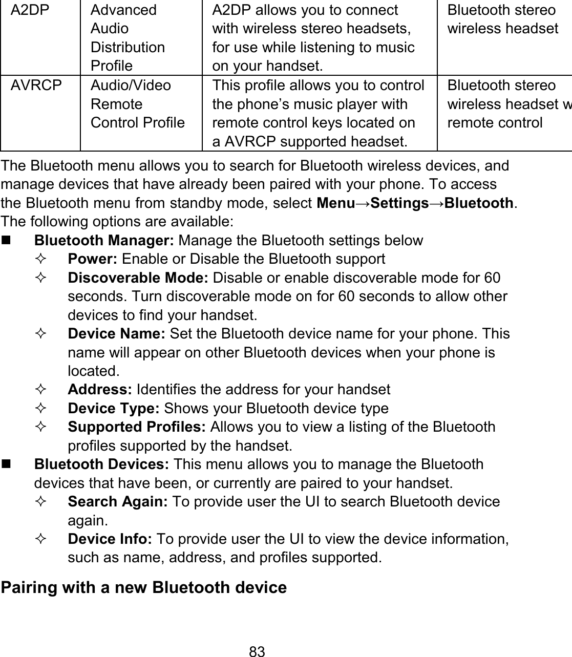 83 A2DP Advanced Audio Distribution Profile A2DP allows you to connect with wireless stereo headsets, for use while listening to music on your handset. Bluetooth stereo wireless headsetAVRCP Audio/Video Remote Control Profile This profile allows you to control the phone’s music player with remote control keys located on a AVRCP supported headset. Bluetooth stereo wireless headset wremote control The Bluetooth menu allows you to search for Bluetooth wireless devices, and manage devices that have already been paired with your phone. To access the Bluetooth menu from standby mode, select Menu→Settings→Bluetooth. The following options are available:  Bluetooth Manager: Manage the Bluetooth settings below  Power: Enable or Disable the Bluetooth support  Discoverable Mode: Disable or enable discoverable mode for 60 seconds. Turn discoverable mode on for 60 seconds to allow other devices to find your handset.    Device Name: Set the Bluetooth device name for your phone. This name will appear on other Bluetooth devices when your phone is located.  Address: Identifies the address for your handset  Device Type: Shows your Bluetooth device type  Supported Profiles: Allows you to view a listing of the Bluetooth profiles supported by the handset.  Bluetooth Devices: This menu allows you to manage the Bluetooth devices that have been, or currently are paired to your handset.  Search Again: To provide user the UI to search Bluetooth device again.  Device Info: To provide user the UI to view the device information, such as name, address, and profiles supported. Pairing with a new Bluetooth device 