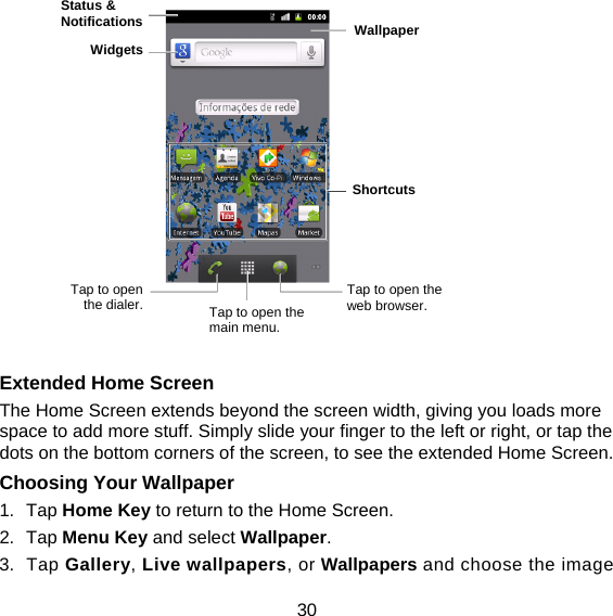 30               Extended Home Screen The Home Screen extends beyond the screen width, giving you loads more space to add more stuff. Simply slide your finger to the left or right, or tap the dots on the bottom corners of the screen, to see the extended Home Screen.   Choosing Your Wallpaper     1. Tap Home Key to return to the Home Screen. 2. Tap Menu Key and select Wallpaper. 3. Tap Gallery, Live wallpapers, or Wallpapers and choose the image Status &amp; Notifications Widgets Tap to open the dialer.  Tap to open the main menu. Tap to open the web browser. Wallpaper Shortcuts