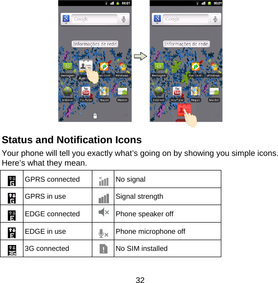 32  Status and Notification Icons Your phone will tell you exactly what’s going on by showing you simple icons. Here’s what they mean.  GPRS connected  No signal  GPRS in use  Signal strength  EDGE connected  Phone speaker off  EDGE in use  Phone microphone off  3G connected  No SIM installed 