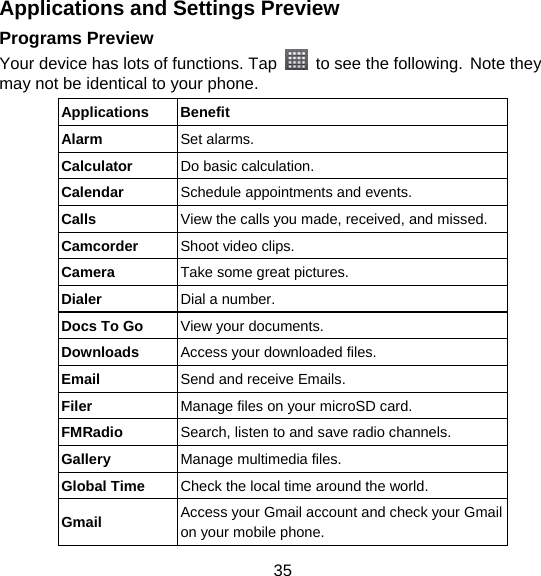 35 Applications and Settings Preview Programs Preview Your device has lots of functions. Tap    to see the following. Note they may not be identical to your phone. Applications Benefit Alarm Set alarms. Calculator  Do basic calculation. Calendar  Schedule appointments and events. Calls  View the calls you made, received, and missed. Camcorder  Shoot video clips. Camera  Take some great pictures. Dialer  Dial a number. Docs To Go View your documents. Downloads  Access your downloaded files. Email  Send and receive Emails. Filer  Manage files on your microSD card. FMRadio  Search, listen to and save radio channels. Gallery  Manage multimedia files. Global Time  Check the local time around the world. Gmail  Access your Gmail account and check your Gmail on your mobile phone. 