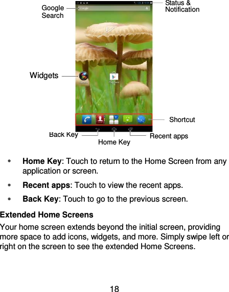  18             Home Key: Touch to return to the Home Screen from any application or screen.  Recent apps: Touch to view the recent apps.  Back Key: Touch to go to the previous screen. Extended Home Screens Your home screen extends beyond the initial screen, providing more space to add icons, widgets, and more. Simply swipe left or right on the screen to see the extended Home Screens. Google Search Widgets Status &amp; Notifications Shortcut Back Key Home Key Recent apps 
