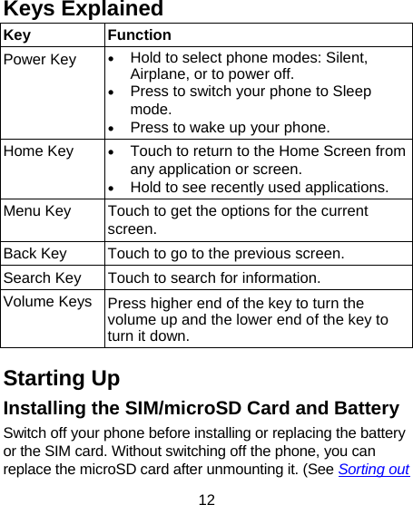 12 Keys Explained   Key Function Power Key  • Hold to select phone modes: Silent, Airplane, or to power off. • Press to switch your phone to Sleep mode. • Press to wake up your phone. Home Key  • Touch to return to the Home Screen from any application or screen. • Hold to see recently used applications. Menu Key  Touch to get the options for the current screen. Back Key  Touch to go to the previous screen. Search Key  Touch to search for information. Volume Keys  Press higher end of the key to turn the volume up and the lower end of the key to turn it down.Starting Up Installing the SIM/microSD Card and Battery Switch off your phone before installing or replacing the battery or the SIM card. Without switching off the phone, you can replace the microSD card after unmounting it. (See Sorting out 