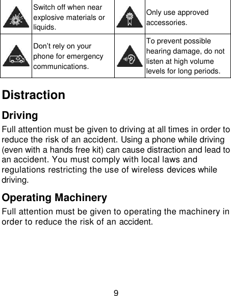 9  Switch off when near explosive materials or liquids.  Only use approved accessories.  Don‘t rely on your phone for emergency communications.  To prevent possible hearing damage, do not listen at high volume levels for long periods. Distraction Driving Full attention must be given to driving at all times in order to reduce the risk of an accident. Using a phone while driving (even with a hands free kit) can cause distraction and lead to an accident. You must comply with local laws and regulations restricting the use of wireless devices while driving. Operating Machinery Full attention must be given to operating the machinery in order to reduce the risk of an accident. 