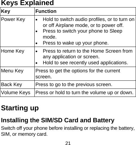 21        Keys Explained   Key Function Power Key  • Hold to switch audio profiles, or to turn on or off Airplane mode, or to power off. • Press to switch your phone to Sleep mode. • Press to wake up your phone. Home Key  • Press to return to the Home Screen from any application or screen. • Hold to see recently used applications. Menu Key  Press to get the options for the current screen. Back Key  Press to go to the previous screen. Volume Keys  Press or hold to turn the volume up or down. Starting up Installing the SIM/SD Card and Battery Switch off your phone before installing or replacing the battery, SIM, or memory card.   