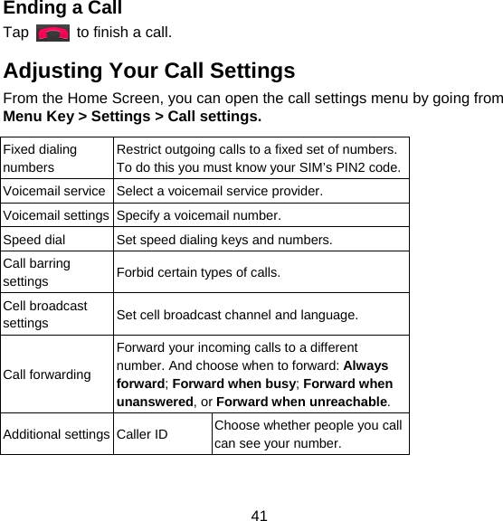 41 Ending a Call Tap    to finish a call. Adjusting Your Call Settings From the Home Screen, you can open the call settings menu by going from Menu Key &gt; Settings &gt; Call settings.  Fixed dialing numbers Restrict outgoing calls to a fixed set of numbers. To do this you must know your SIM’s PIN2 code.Voicemail service  Select a voicemail service provider. Voicemail settings  Specify a voicemail number. Speed dial  Set speed dialing keys and numbers. Call barring settings  Forbid certain types of calls. Cell broadcast settings  Set cell broadcast channel and language. Call forwarding Forward your incoming calls to a different number. And choose when to forward: Always forward; Forward when busy; Forward when unanswered, or Forward when unreachable. Additional settings  Caller ID  Choose whether people you call can see your number.   