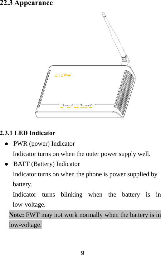  922.3 Appearance  2.3.1 LED Indicator z  PWR (power) Indicator Indicator turns on when the outer power supply well. z  BATT (Battery) Indicator Indicator turns on when the phone is power supplied by battery. Indicator turns blinking when the battery is in low-voltage. Note: FWT may not work normally when the battery is in low-voltage.  
