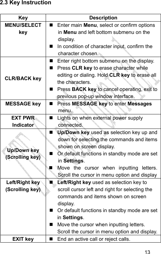                                   132.3 Key Instruction    Key Description MENU/SELECT key  Enter main Menu, select or confirm options in Menu and left bottom submenu on the display.   In condition of character input, confirm the character chosen. CLR/BACK key   Enter right bottom submenu on the display.  Press CLR key to erase character while editing or dialing. Hold CLR key to erase all the characters.  Press BACK key to cancel operating, exit to previous pop-up window interface. MESSAGE key   Press MESSAGE key to enter Messages menu. EXT PWR Indicator   Lights on when external power supply connected. Up/Down key (Scrolling key)  Up/Down key used as selection key up and down for selecting the commands and items shown on screen display.     Or default functions in standby mode are set in Settings.   Move the cursor when inputting letters. Scroll the cursor in menu option and displayLeft/Right key (Scrolling key)  Left/Right key used as selection key to scroll cursor left and right for selecting the commands and items shown on screen display.    Or default functions in standby mode are set in Settings.   Move the cursor when inputting letters. Scroll the cursor in menu option and display.EXIT key    End an active call or reject calls. 