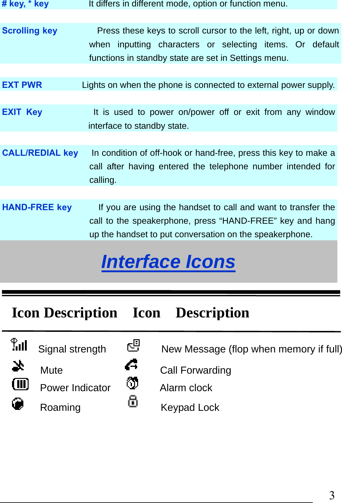                                3# key, * key         It differs in different mode, option or function menu.  Scrolling key         Press these keys to scroll cursor to the left, right, up or down when inputting characters or selecting items. Or default functions in standby state are set in Settings menu.  EXT PWR           Lights on when the phone is connected to external power supply. EXIT Key           It is used to power on/power off or exit from any window interface to standby state.  CALL/REDIAL key      In condition of off-hook or hand-free, press this key to make a call after having entered the telephone number intended for calling.  HAND-FREE key       If you are using the handset to call and want to transfer the call to the speakerphone, press “HAND-FREE” key and hang up the handset to put conversation on the speakerphone. Interface Icons       Signal strength                New Message (flop when memory if full)    Mute                 Call Forwarding   Power Indicator        Alarm clock    Roaming              Keypad Lock Icon Description  Icon  Description 