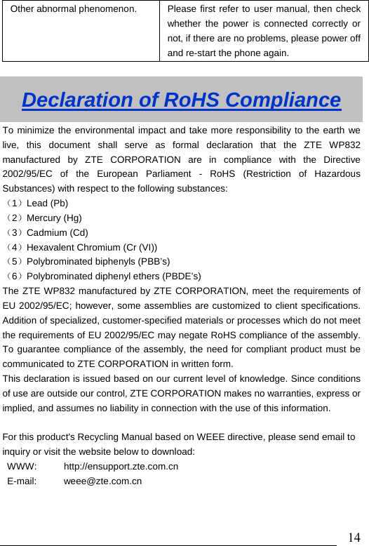                               14Other abnormal phenomenon.  Please first refer to user manual, then check whether the power is connected correctly or not, if there are no problems, please power off and re-start the phone again.  Declaration of RoHS Compliance To minimize the environmental impact and take more responsibility to the earth we live, this document shall serve as formal declaration that the ZTE WP832 manufactured by ZTE CORPORATION are in compliance with the Directive 2002/95/EC of the European Parliament - RoHS (Restriction of Hazardous Substances) with respect to the following substances: （1）Lead (Pb) （2）Mercury (Hg) （3）Cadmium (Cd) （4）Hexavalent Chromium (Cr (VI)) （5）Polybrominated biphenyls (PBB’s) （6）Polybrominated diphenyl ethers (PBDE’s) The ZTE WP832 manufactured by ZTE CORPORATION, meet the requirements of EU 2002/95/EC; however, some assemblies are customized to client specifications. Addition of specialized, customer-specified materials or processes which do not meet the requirements of EU 2002/95/EC may negate RoHS compliance of the assembly. To guarantee compliance of the assembly, the need for compliant product must be communicated to ZTE CORPORATION in written form. This declaration is issued based on our current level of knowledge. Since conditions of use are outside our control, ZTE CORPORATION makes no warranties, express or implied, and assumes no liability in connection with the use of this information.  For this product&apos;s Recycling Manual based on WEEE directive, please send email to inquiry or visit the website below to download:  WWW:  http://ensupport.zte.com.cn E-mail: weee@zte.com.cn  
