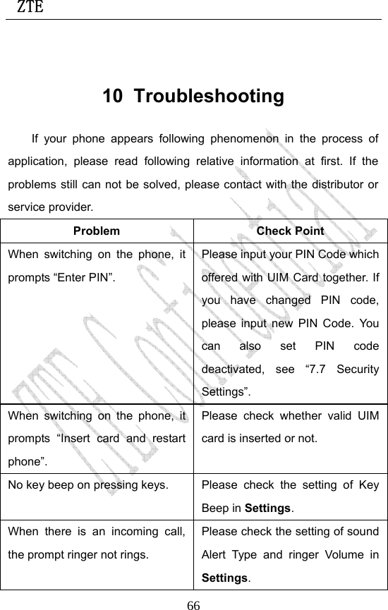  ZTE                             66 10 Troubleshooting If your phone appears following phenomenon in the process of application, please read following relative information at first. If the problems still can not be solved, please contact with the distributor or service provider. Problem Check Point When switching on the phone, it prompts “Enter PIN”. Please input your PIN Code which offered with UIM Card together. If you have changed PIN code, please input new PIN Code. You can also set PIN code deactivated, see “7.7 Security Settings”. When switching on the phone, it prompts “Insert card and restart phone”. Please check whether valid UIM card is inserted or not. No key beep on pressing keys.  Please  check  the  setting  of  Key Beep in Settings. When there is an incoming call, the prompt ringer not rings. Please check the setting of sound Alert Type and ringer Volume in Settings. 