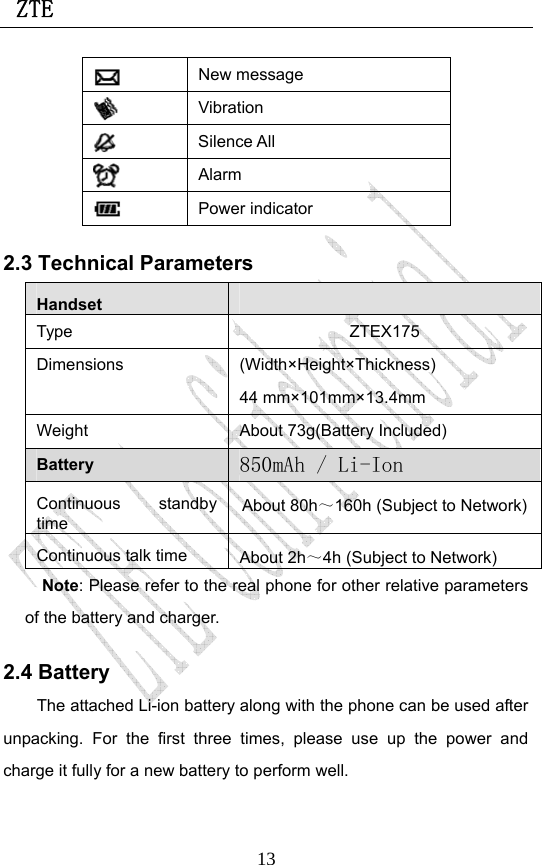  ZTE                             13   New message    Vibration     Silence All    Alarm    Power indicator 2.3 Technical Parameters Handset   Type     ZTEX175 Dimensions (Width×Height×Thickness) 44 mm×101mm×13.4mm Weight  About 73g(Battery Included) Battery  850mAh / Li-Ion Continuous standby time About 80h～160h (Subject to Network) Continuous talk time  About 2h～4h (Subject to Network) Note: Please refer to the real phone for other relative parameters of the battery and charger.   2.4 Battery The attached Li-ion battery along with the phone can be used after unpacking. For the first three times, please use up the power and charge it fully for a new battery to perform well.   