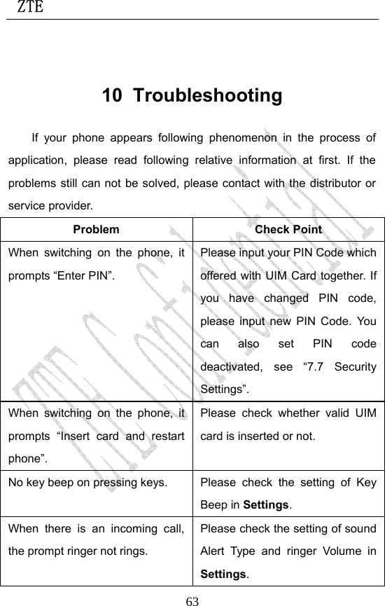  ZTE                             63 10 Troubleshooting If your phone appears following phenomenon in the process of application, please read following relative information at first. If the problems still can not be solved, please contact with the distributor or service provider. Problem Check Point When switching on the phone, it prompts “Enter PIN”. Please input your PIN Code which offered with UIM Card together. If you have changed PIN code, please input new PIN Code. You can also set PIN code deactivated, see “7.7 Security Settings”. When switching on the phone, it prompts “Insert card and restart phone”. Please check whether valid UIM card is inserted or not. No key beep on pressing keys.  Please  check  the  setting  of  Key Beep in Settings. When there is an incoming call, the prompt ringer not rings. Please check the setting of sound Alert Type and ringer Volume in Settings. 