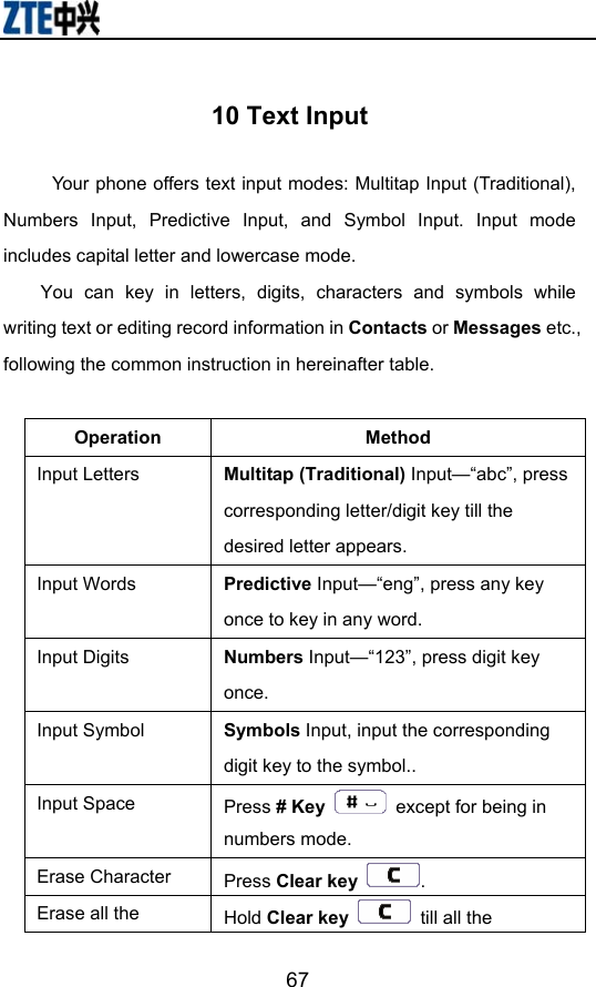                        6710 Text Input Your phone offers text input modes: Multitap Input (Traditional), Numbers Input, Predictive Input, and Symbol Input. Input mode includes capital letter and lowercase mode. You can key in letters, digits, characters and symbols while writing text or editing record information in Contacts or Messages etc., following the common instruction in hereinafter table.    Operation Method Input Letters  Multitap (Traditional) Input—“abc”, press corresponding letter/digit key till the desired letter appears. Input Words  Predictive Input—“eng”, press any key once to key in any word. Input Digits  Numbers Input—“123”, press digit key once.  Input Symbol  Symbols Input, input the corresponding digit key to the symbol..   Input Space  Press # Key   except for being in numbers mode. Erase Character  Press Clear key  . Erase all the  Hold Clear key   till all the 