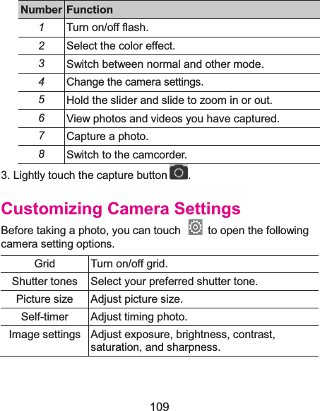  109 NumberFunction1Turn on/off flash. 2Select the color effect. 3Switch between normal and other mode. 4Change the camera settings. 5Hold the slider and slide to zoom in or out. 6View photos and videos you have captured. 7Capture a photo. 8Switch to the camcorder. 3. Lightly touch the capture button . Customizing Camera SettingsBefore taking a photo, you can touch    to open the following camera setting options. Grid Turn on/off grid. Shutter tones Select your preferred shutter tone. Picture size Adjust picture size. Self-timer Adjust timing photo. Image settings Adjust exposure, brightness, contrast, saturation, and sharpness. 