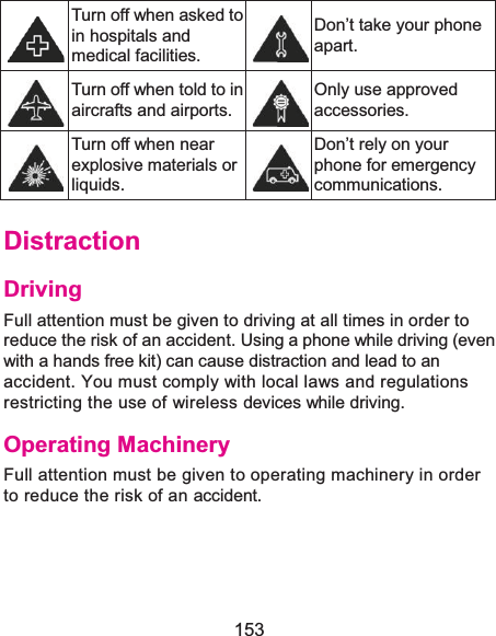  153  Turn off when asked to in hospitals and medical facilities.  Don’t take your phone apart.  Turn off when told to in aircrafts and airports.  Only use approved accessories.  Turn off when near explosive materials or liquids.  Don’t rely on your phone for emergency communications.  DistractionDrivingFull attention must be given to driving at all times in order to reduce the risk of an accident. Using a phone while driving (even with a hands free kit) can cause distraction and lead to an accident. You must comply with local laws and regulations restricting the use of wireless devices while driving. Operating MachineryFull attention must be given to operating machinery in order to reduce the risk of an accident. 