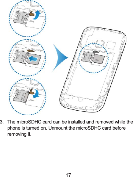  17  3.  The microSDHC card can be installed and removed while the phone is turned on. Unmount the microSDHC card before removing it. 