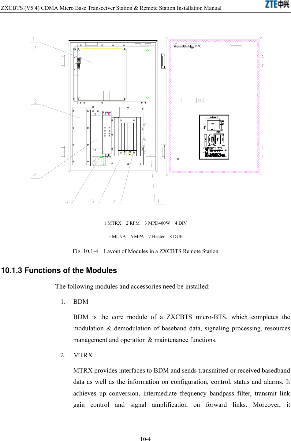 ZXCBTS (V5.4) CDMA Micro Base Transceiver Station &amp; Remote Station Installation Manual    10-4 1 MTRX  2 RFM  3 MPD400W  4 DIV 5 MLNA  6 MPA  7 Heater  8 DUP Fig. 10.1-4    Layout of Modules in a ZXCBTS Remote Station 10.1.3 Functions of the Modules The following modules and accessories need be installed: 1. BDM BDM is the core module of a ZXCBTS micro-BTS, which completes the modulation &amp; demodulation of baseband data, signaling processing, resources management and operation &amp; maintenance functions. 2. MTRX MTRX provides interfaces to BDM and sends transmitted or received basedband data as well as the information on configuration, control, status and alarms. It achieves up conversion, intermediate frequency bandpass filter, transmit link gain control and signal amplification on forward links. Moreover, it 