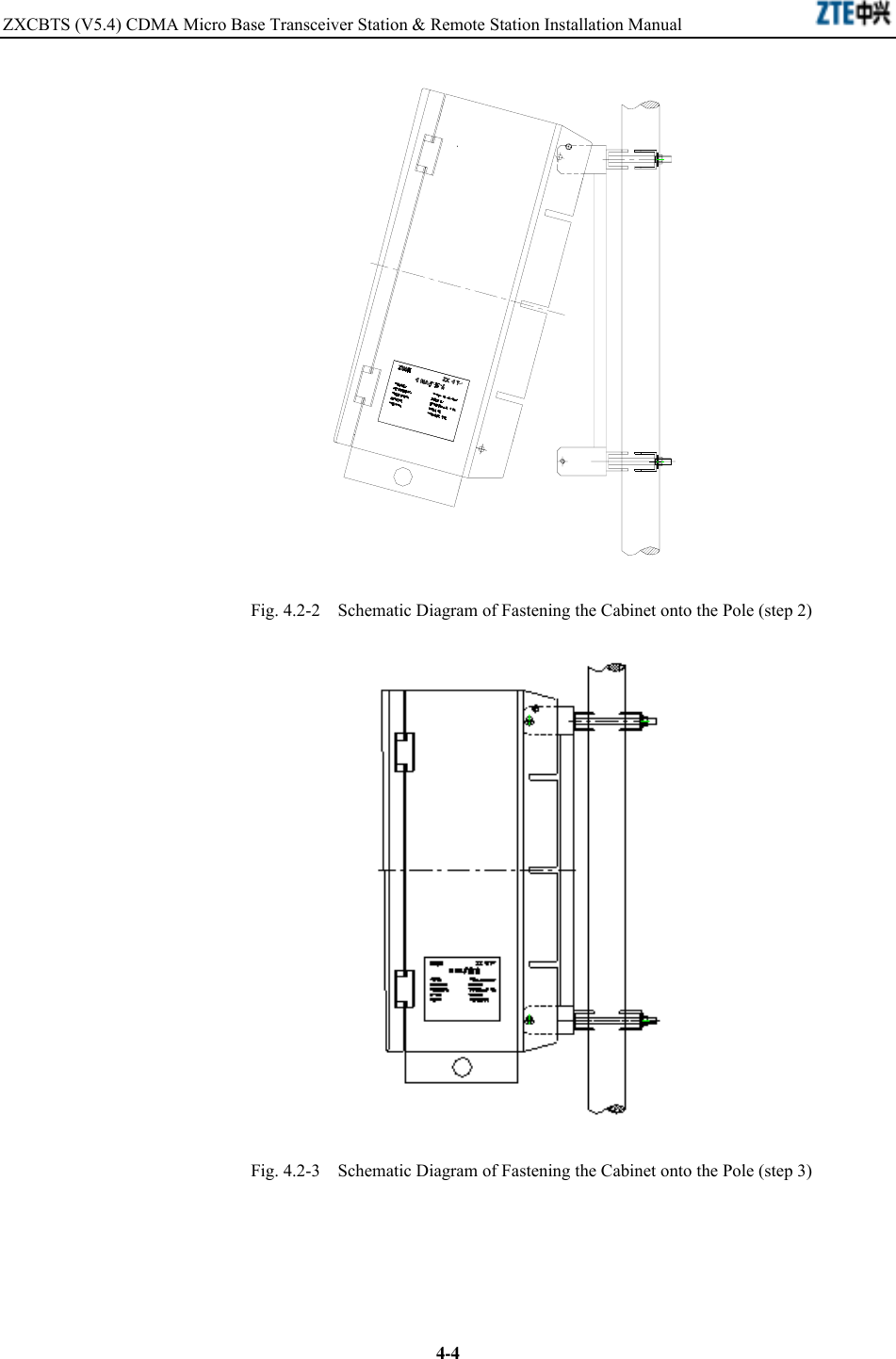 ZXCBTS (V5.4) CDMA Micro Base Transceiver Station &amp; Remote Station Installation Manual    4-4  Fig. 4.2-2  Schematic Diagram of Fastening the Cabinet onto the Pole (step 2)  Fig. 4.2-3  Schematic Diagram of Fastening the Cabinet onto the Pole (step 3) 