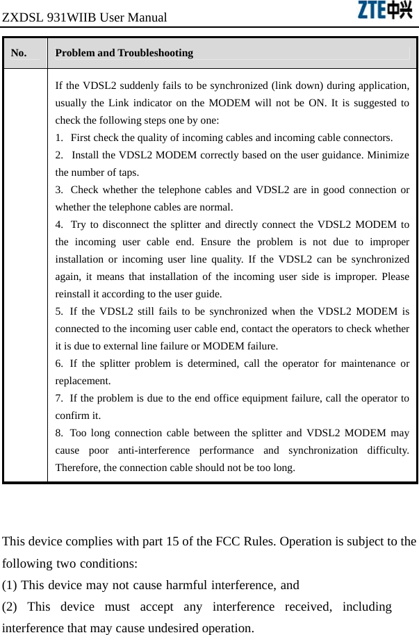 ZXDSL 931WIIB User Manual                                No.  Problem and Troubleshooting  If the VDSL2 suddenly fails to be synchronized (link down) during application, usually the Link indicator on the MODEM will not be ON. It is suggested to check the following steps one by one:   1.  First check the quality of incoming cables and incoming cable connectors.   2.  Install the VDSL2 MODEM correctly based on the user guidance. Minimize the number of taps.   3.  Check whether the telephone cables and VDSL2 are in good connection or whether the telephone cables are normal.   4.  Try to disconnect the splitter and directly connect the VDSL2 MODEM to the incoming user cable end. Ensure the problem is not due to improper installation or incoming user line quality. If the VDSL2 can be synchronized again, it means that installation of the incoming user side is improper. Please reinstall it according to the user guide. 5.  If the VDSL2 still fails to be synchronized when the VDSL2 MODEM is connected to the incoming user cable end, contact the operators to check whether it is due to external line failure or MODEM failure.   6.  If the splitter problem is determined, call the operator for maintenance or replacement.  7.  If the problem is due to the end office equipment failure, call the operator to confirm it.   8.  Too long connection cable between the splitter and VDSL2 MODEM may cause poor anti-interference performance and synchronization difficulty. Therefore, the connection cable should not be too long.   This device complies with part 15 of the FCC Rules. Operation is subject to the following two conditions:(1) This device may not cause harmful interference, and(2) This device must accept any interference received, including interference that may cause undesired operation. 