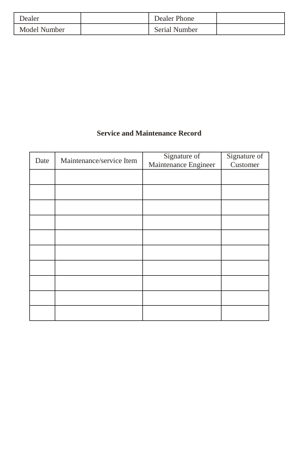      Dealer   Dealer Phone  Model Number    Serial Number              Service and Maintenance Record                Date Maintenance/service Item Signature of Maintenance Engineer Signature ofCustomer                                                             