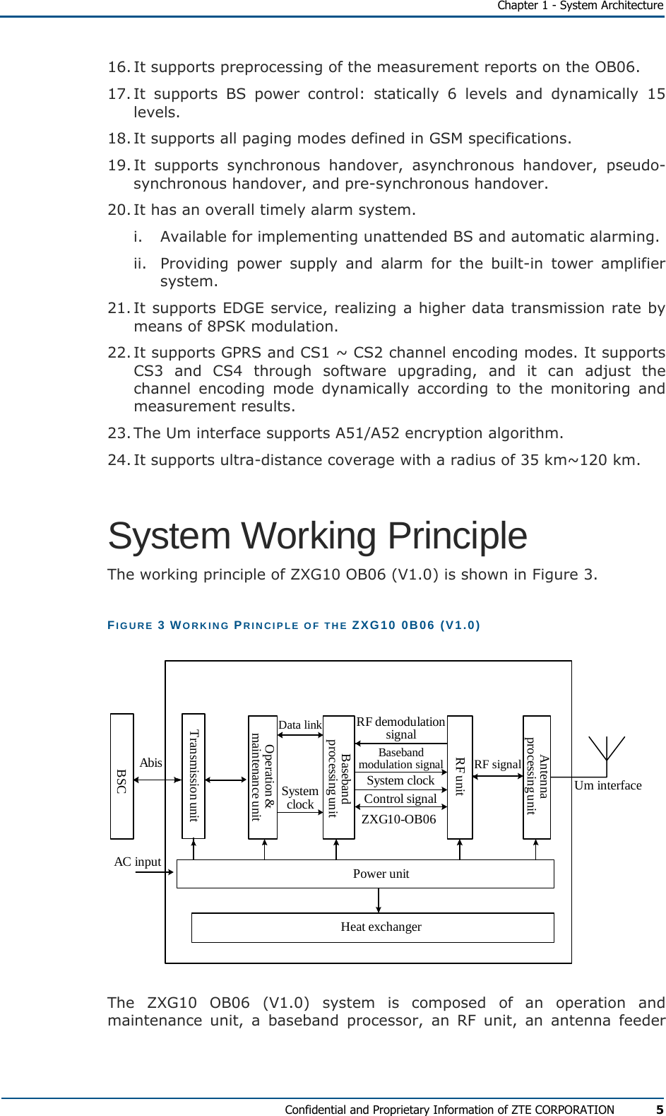   Chapter 1 - System Architecture Confidential and Proprietary Information of ZTE CORPORATION 5 16. It supports preprocessing of the measurement reports on the OB06. 17. It supports BS power control: statically 6 levels and dynamically 15 levels. 18. It supports all paging modes defined in GSM specifications. 19. It supports synchronous handover, asynchronous handover, pseudo-synchronous handover, and pre-synchronous handover. 20. It has an overall timely alarm system. i.  Available for implementing unattended BS and automatic alarming. ii.  Providing power supply and alarm for the built-in tower amplifier system. 21. It supports EDGE service, realizing a higher data transmission rate by means of 8PSK modulation. 22. It supports GPRS and CS1 ~ CS2 channel encoding modes. It supports CS3 and CS4 through software upgrading, and it can adjust the channel encoding mode dynamically according to the monitoring and measurement results. 23. The Um interface supports A51/A52 encryption algorithm. 24. It supports ultra-distance coverage with a radius of 35 km~120 km. System Working Principle The working principle of ZXG10 OB06 (V1.0) is shown in Figure 3. FIGURE 3 WORKING PRINCIPLE OF THE ZXG10 0B06 (V1.0)         ZXG10-OB06Operation &amp;maintenance unitBasebandprocessing unitRF unitAntennaprocessing unitPower unitHeat exchangerAC inputData linkSystemclockRF demodulationsignalBasebandmodulation signalSystem clockControl signalRF signalUm interfaceTransmission unitBSCAbis The ZXG10 OB06 (V1.0) system is composed of an operation and maintenance unit, a baseband processor, an RF unit, an antenna feeder 