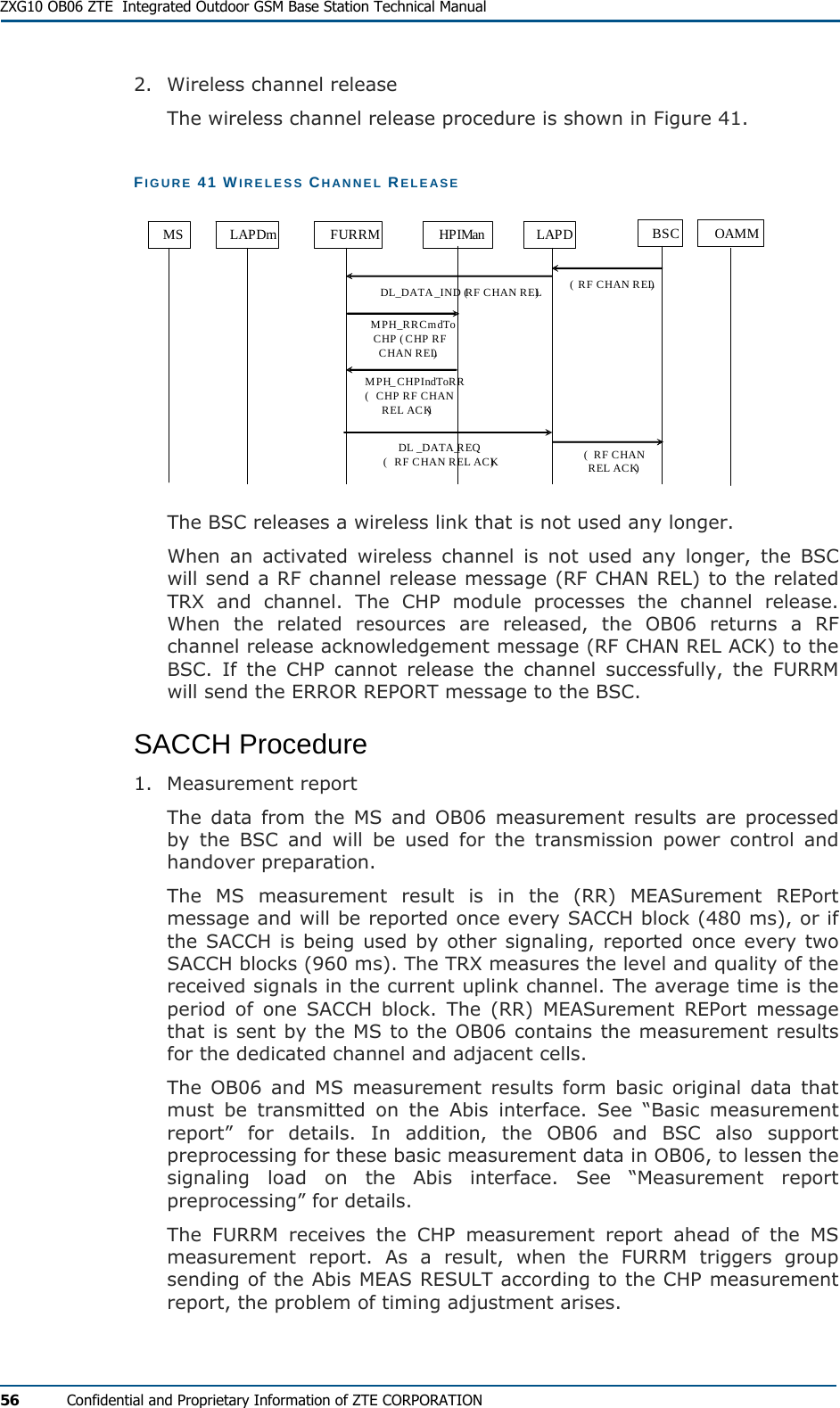  ZXG10 OB06 ZTE  Integrated Outdoor GSM Base Station Technical Manual 56  Confidential and Proprietary Information of ZTE CORPORATION 2.  Wireless channel release The wireless channel release procedure is shown in Figure 41. FIGURE 41 WIRELESS CHANNEL RELEASE MS LAPDm FURRM HPIMan LAPD BSC OAMM( RF CHAN REL) DL_DATA_IND (RF CHAN REL)MPH_RRCmdToCHP (CHP RF CHAN REL)MPH_CHPIndToRR ( CHP RF CHAN REL ACK)DL _DATA_REQ( RF CHAN REL ACK)( RF CHAN REL ACK)  The BSC releases a wireless link that is not used any longer. When an activated wireless channel is not used any longer, the BSC will send a RF channel release message (RF CHAN REL) to the related TRX and channel. The CHP module processes the channel release. When the related resources are released, the OB06 returns a RF channel release acknowledgement message (RF CHAN REL ACK) to the BSC. If the CHP cannot release the channel successfully, the FURRM will send the ERROR REPORT message to the BSC. SACCH Procedure 1. Measurement report The data from the MS and OB06 measurement results are processed by the BSC and will be used for the transmission power control and handover preparation. The MS measurement result is in the (RR) MEASurement REPort message and will be reported once every SACCH block (480 ms), or if the SACCH is being used by other signaling, reported once every two SACCH blocks (960 ms). The TRX measures the level and quality of the received signals in the current uplink channel. The average time is the period of one SACCH block. The (RR) MEASurement REPort message that is sent by the MS to the OB06 contains the measurement results for the dedicated channel and adjacent cells. The OB06 and MS measurement results form basic original data that must be transmitted on the Abis interface. See “Basic measurement report” for details. In addition, the OB06 and BSC also support preprocessing for these basic measurement data in OB06, to lessen the signaling load on the Abis interface. See “Measurement report preprocessing” for details. The FURRM receives the CHP measurement report ahead of the MS measurement report. As a result, when the FURRM triggers group sending of the Abis MEAS RESULT according to the CHP measurement report, the problem of timing adjustment arises. 