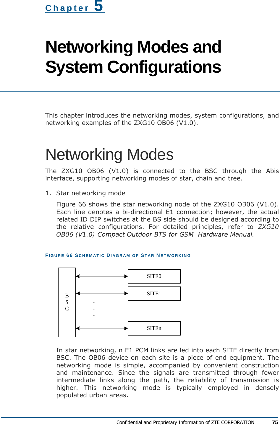  Confidential and Proprietary Information of ZTE CORPORATION 75  Chapter 5 Networking Modes and System Configurations  This chapter introduces the networking modes, system configurations, and networking examples of the ZXG10 OB06 (V1.0). Networking Modes The ZXG10 OB06 (V1.0) is connected to the BSC through the Abis interface, supporting networking modes of star, chain and tree. 1.  Star networking mode Figure 66 shows the star networking node of the ZXG10 OB06 (V1.0). Each line denotes a bi-directional E1 connection; however, the actual related ID DIP switches at the BS side should be designed according to the relative configurations. For detailed principles, refer to ZXG10 OB06 (V1.0) Compact Outdoor BTS for GSM  Hardware Manual. FIGURE 66 SCHEMATIC DIAGRAM OF STAR NETWORKING BSCSITE0SITE1SITEn... In star networking, n E1 PCM links are led into each SITE directly from BSC. The OB06 device on each site is a piece of end equipment. The networking mode is simple, accompanied by convenient construction and maintenance. Since the signals are transmitted through fewer intermediate links along the path, the reliability of transmission is higher. This networking mode is typically employed in densely populated urban areas. 