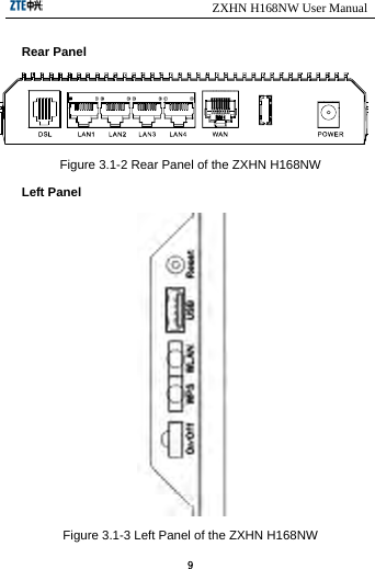                            ZXHN H168NW User Manual 9 Rear Panel  Figure 3.1-2 Rear Panel of the ZXHN H168NW Left Panel  Figure 3.1-3 Left Panel of the ZXHN H168NW 