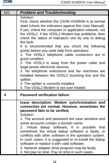                            ZXHN H168NW User Manual 15 NO.  Problem and Troubleshooting  Solution: First, check whether the ZXHN H168NW is at normal state (check the indicators against this User Manual). If yes, check the computer or application network, not the VDSL2. If the VDSL2 Modem has problems, then check the status of indicators one by one to debug the fault.   It is recommended that you check the following points before you seek help from operators:   1. The VDSL2 telephone cable connectors are in good condition.   2. The VDSL2 is away from the power cable and large-power electronic devices. 3. No telephone extensions and fax machines are installed between the VDSL2 incoming line and the splitter.  4. The splitter is correctly installed.   5. The VDSL2 Modem is not over-heated. 4  Password verification failure.  Issue description: Modem synchronization and connection are normal. However, sometimes the password fails to be verified.   Solution: 1. The account and password are case sensitive and some accounts contain a domain name.   2. Virtual dialup software: It is possible that sometimes the virtual dialup software is faulty, or conflicts with other software in the operation system. In such cases, it is suggested to re-install the dialup software or replace it with valid software. 3. Network adapter drive program may be faulty.   4. Not pay on time. Pay on time in such cases. 