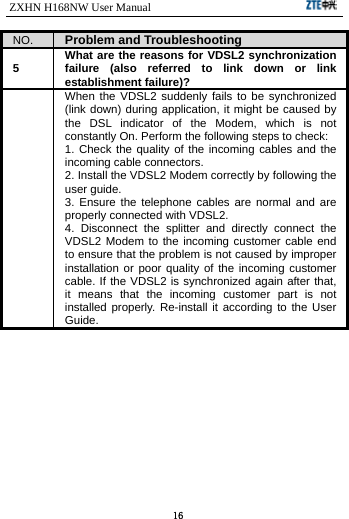 ZXHN H168NW User Manual                             16 NO.  Problem and Troubleshooting 5 What are the reasons for VDSL2 synchronization failure (also referred to link down or link establishment failure)?  When the VDSL2 suddenly fails to be synchronized (link down) during application, it might be caused by the DSL indicator of the Modem, which is not constantly On. Perform the following steps to check:   1. Check the quality of the incoming cables and the incoming cable connectors.   2. Install the VDSL2 Modem correctly by following the user guide.   3. Ensure the telephone cables are normal and are properly connected with VDSL2. 4. Disconnect the splitter and directly connect the VDSL2 Modem to the incoming customer cable end to ensure that the problem is not caused by improper installation or poor quality of the incoming customer cable. If the VDSL2 is synchronized again after that, it means that the incoming customer part is not installed properly. Re-install it according to the User Guide. 