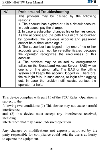 ZXHN H168NW User Manual                                                      18 NO. Problem and Troubleshooting  This  problem  may  be  caused  by  the  following reasons:   1. The account has expired or it is a default account. In such cases, pay the charge. 2. In case a subscriber changes his or her residence. As the account and the path PVC  might be bundled by  operators,  the  previous  account  and  password cannot be authenticated again.   3. The subscriber has logged in by one of his or her accounts  and  can  not  be  re-authenticated  because the  operator  recognizes  the  uniqueness  of  this account. 4.  The  problem  may  be  caused  by  deregistration failure on the Broadband Access Server (BAS) when one  is  off  line  abnormally.  The  BAS  or  the  billing system still keeps the account  logged in. Therefore, the re-login fails. In such cases, re-login after logging out.  In  case  the  problem  still  exists,  contact  the operator for help.   This device complies with part 15 of the FCC Rules. Operation is subject to the following two conditions: (1) This device may not cause harmful interference,   and  (2)  this  device  must  accept  any  interference  received, including   interference that may cause undesired operation.  Any  changes  or  modifications  not  expressly  approved  by  the party  responsible  for  compliance could  void the  user&apos;s authority to operate the equipment. 