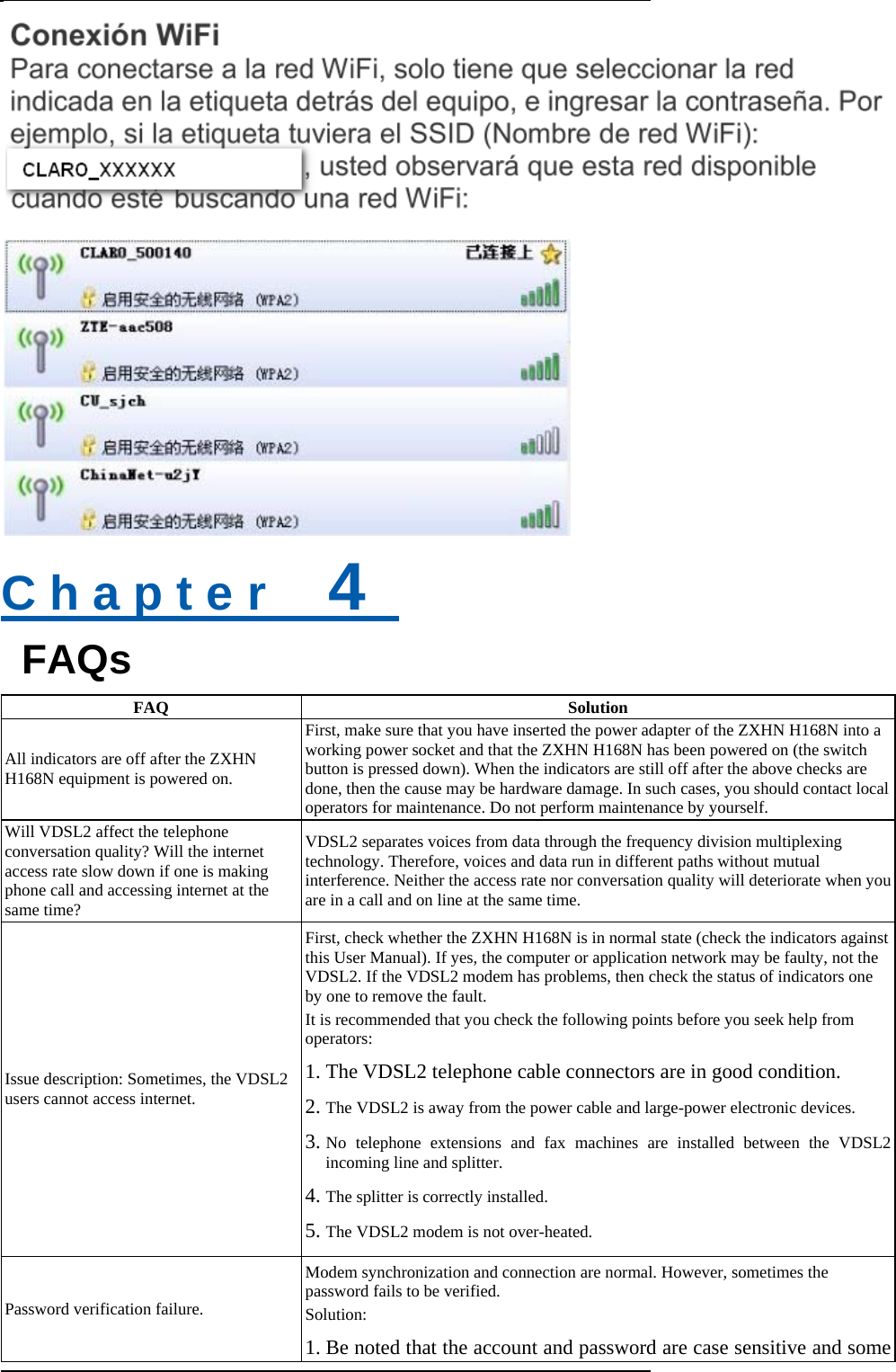    C h a p t e r    4    FAQs FAQ Solution All indicators are off after the ZXHN H168N equipment is powered on. First, make sure that you have inserted the power adapter of the ZXHN H168N into a working power socket and that the ZXHN H168N has been powered on (the switch button is pressed down). When the indicators are still off after the above checks are done, then the cause may be hardware damage. In such cases, you should contact local operators for maintenance. Do not perform maintenance by yourself.   Will VDSL2 affect the telephone conversation quality? Will the internet access rate slow down if one is making phone call and accessing internet at the same time?   VDSL2 separates voices from data through the frequency division multiplexing technology. Therefore, voices and data run in different paths without mutual interference. Neither the access rate nor conversation quality will deteriorate when you are in a call and on line at the same time.   Issue description: Sometimes, the VDSL2 users cannot access internet. First, check whether the ZXHN H168N is in normal state (check the indicators against this User Manual). If yes, the computer or application network may be faulty, not the VDSL2. If the VDSL2 modem has problems, then check the status of indicators one by one to remove the fault. It is recommended that you check the following points before you seek help from operators:  1. The VDSL2 telephone cable connectors are in good condition. 2. The VDSL2 is away from the power cable and large-power electronic devices. 3. No telephone extensions and fax machines are installed between the VDSL2incoming line and splitter. 4. The splitter is correctly installed. 5. The VDSL2 modem is not over-heated. Password verification failure. Modem synchronization and connection are normal. However, sometimes the password fails to be verified.   Solution: 1. Be noted that the account and password are case sensitive and some 