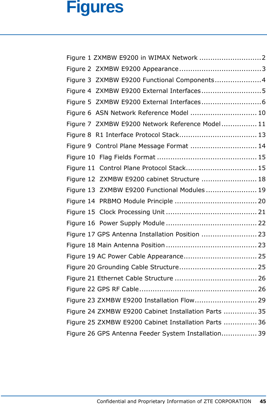  Confidential and Proprietary Information of ZTE CORPORATION      45 Figures  Figure 1 ZXMBW E9200 in WIMAX Network ............................2 Figure 2  ZXMBW E9200 Appearance.....................................3 Figure 3  ZXMBW E9200 Functional Components.....................4 Figure 4  ZXMBW E9200 External Interfaces...........................5 Figure 5  ZXMBW E9200 External Interfaces...........................6 Figure 6  ASN Network Reference Model .............................. 10 Figure 7  ZXMBW E9200 Network Reference Model ................ 11 Figure 8  R1 Interface Protocol Stack................................... 13 Figure 9  Control Plane Message Format .............................. 14 Figure 10  Flag Fields Format ............................................. 15 Figure 11  Control Plane Protocol Stack................................ 15 Figure 12  ZXMBW E9200 cabinet Structure ......................... 18 Figure 13  ZXMBW E9200 Functional Modules ....................... 19 Figure 14  PRBMO Module Principle ..................................... 20 Figure 15  Clock Processing Unit ......................................... 21 Figure 16  Power Supply Module ......................................... 22 Figure 17 GPS Antenna Installation Position ......................... 23 Figure 18 Main Antenna Position ......................................... 23 Figure 19 AC Power Cable Appearance................................. 25 Figure 20 Grounding Cable Structure................................... 25 Figure 21 Ethernet Cable Structure ..................................... 26 Figure 22 GPS RF Cable..................................................... 26 Figure 23 ZXMBW E9200 Installation Flow............................ 29 Figure 24 ZXMBW E9200 Cabinet Installation Parts ............... 35 Figure 25 ZXMBW E9200 Cabinet Installation Parts ............... 36 Figure 26 GPS Antenna Feeder System Installation................ 39   