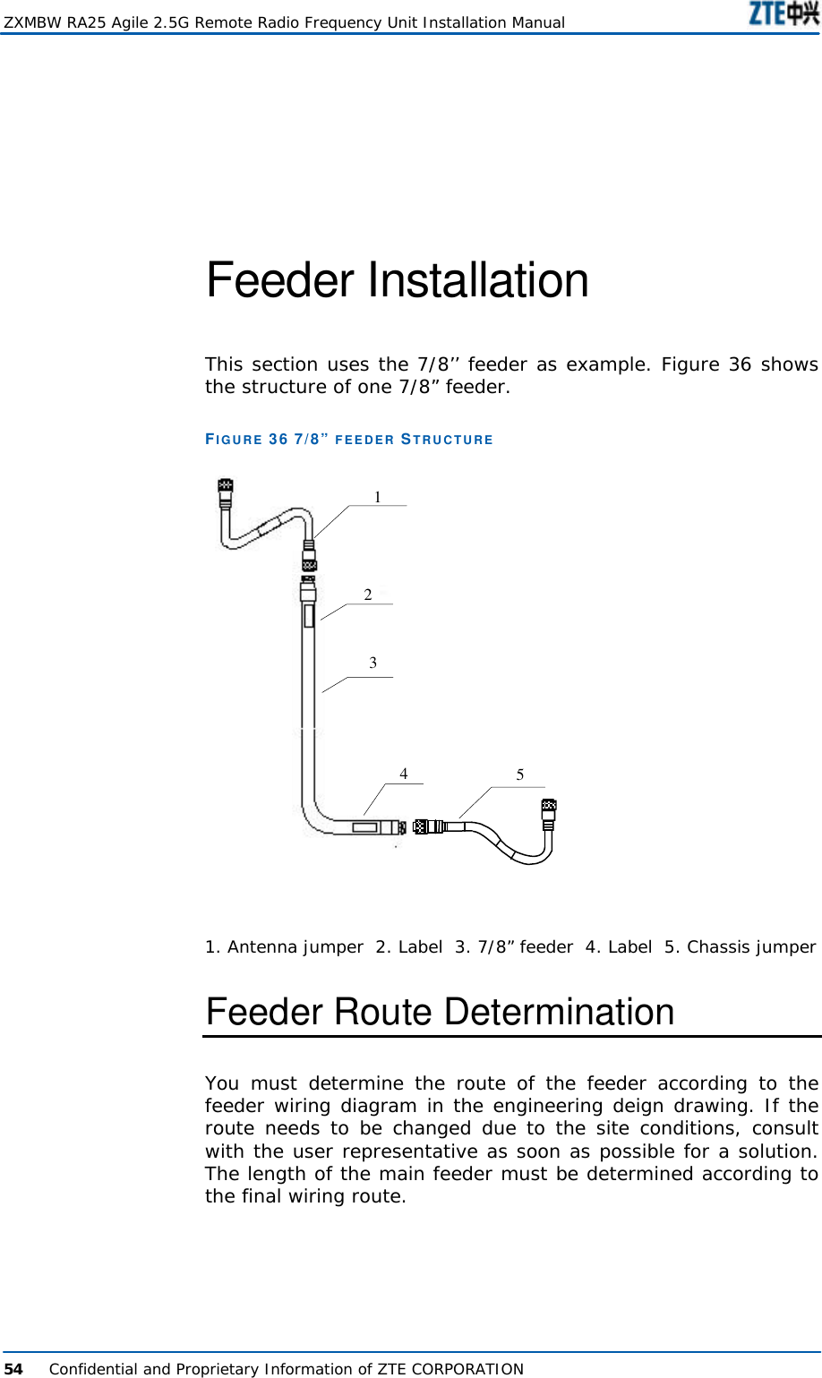  ZXMBW RA25 Agile 2.5G Remote Radio Frequency Unit Installation Manual  54      Confidential and Proprietary Information of ZTE CORPORATION  Feeder Installation  This section uses the 7/8’’ feeder as example. Figure 36 shows the structure of one 7/8” feeder.  FIGURE 36 7/8” FEEDER STRUCTURE 23451  1. Antenna jumper  2. Label  3. 7/8” feeder  4. Label  5. Chassis jumper Feeder Route Determination You  must determine the route of the feeder according to the feeder wiring diagram in the engineering deign drawing. If the route needs to be changed due to the site conditions, consult with the user representative as soon as possible for a solution. The length of the main feeder must be determined according to the final wiring route.  