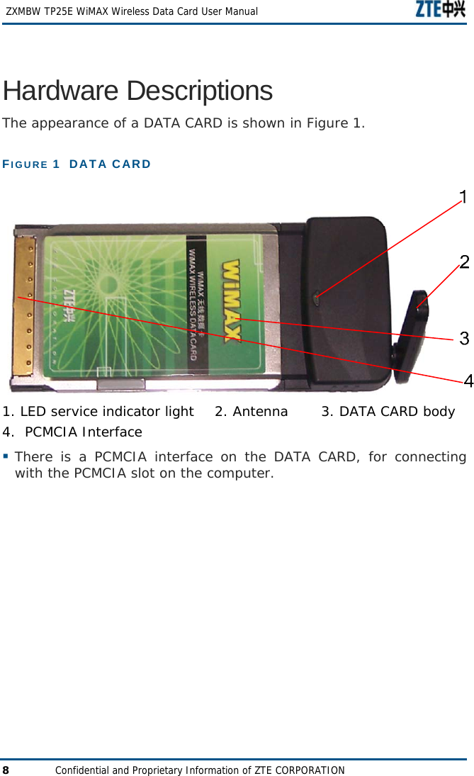   ZXMBW TP25E WiMAX Wireless Data Card User Manual 8  Confidential and Proprietary Information of ZTE CORPORATION Hardware Descriptions The appearance of a DATA CARD is shown in Figure 1. FIGURE 1  DATA CARD  1. LED service indicator light  2. Antenna  3. DATA CARD body 4.  PCMCIA Interface  There is a PCMCIA interface on the DATA CARD, for connecting with the PCMCIA slot on the computer. 