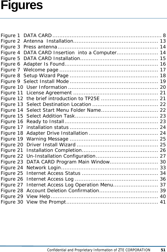  Confidential and Proprietary Information of ZTE CORPORATION 51 Figures  Figure 1  DATA CARD............................................................... 8 Figure 2  Antenna  Installation................................................. 13 Figure 3  Press antenna.......................................................... 14 Figure 4  DATA CARD Insertion  into a Computer........................ 14 Figure 5  DATA CARD Installation............................................. 15 Figure 6  Adapter Is Found...................................................... 16 Figure 7  Welcome page ......................................................... 17 Figure 8  Setup Wizard Page ................................................... 18 Figure 9  Select Install Mode ................................................... 19 Figure 10  User Information .................................................... 20 Figure 11  License Agreement ................................................. 21 Figure 12  the brief introduction to TP25E ................................. 21 Figure 13  Select Destination Location ...................................... 22 Figure 14  Select Start Menu Folder Name................................. 22 Figure 15  Select Addition Task................................................ 23 Figure 16  Ready to Install...................................................... 23 Figure 17  installation status ................................................... 24 Figure 18  Adapter Drive Installation ........................................ 24 Figure 19  Warning Message ................................................... 25 Figure 20  Driver Install Wizard ............................................... 25 Figure 21  Installation Completion............................................ 26 Figure 22  Un-Installation Configuration.................................... 27 Figure 23  DATA CARD Program Main Window............................ 30 Figure 24  Network Login........................................................ 33 Figure 25  Internet Access Status ............................................ 34 Figure 26  Internet Access Log ................................................ 36 Figure 27  Internet Access Log Operation Menu.......................... 37 Figure 28  Account Deletion Confirmation.................................. 39 Figure 29  View Help.............................................................. 40 Figure 30  View the Prompt..................................................... 41  