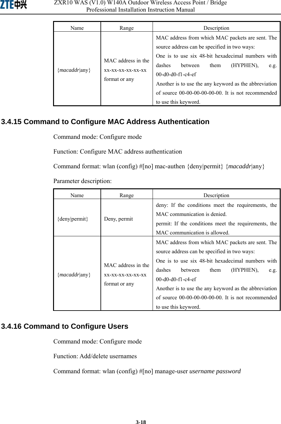 ZXR10 WAS (V1.0) W140A Outdoor Wireless Access Point / Bridge Professional Installation Instruction Manual  3-18 Name   Range   Description   {macaddr|any} MAC address in the xx-xx-xx-xx-xx-xx format or any   MAC address from which MAC packets are sent. The source address can be specified in two ways:     One is to use six 48-bit hexadecimal numbers with dashes between them (HYPHEN), e.g. 00-d0-d0-f1-c4-ef  Another is to use the any keyword as the abbreviation of source 00-00-00-00-00-00. It is not recommended to use this keyword.   3.4.15 Command to Configure MAC Address Authentication   Command mode: Configure mode Function: Configure MAC address authentication   Command format: wlan (config) #[no] mac-authen {deny|permit} {macaddr|any}  Parameter description: Name   Range   Description   {deny|permit} Deny, permit deny: If the conditions meet the requirements, the MAC communication is denied.   permit: If the conditions meet the requirements, the MAC communication is allowed.   {macaddr|any} MAC address in the xx-xx-xx-xx-xx-xx format or any   MAC address from which MAC packets are sent. The source address can be specified in two ways:     One is to use six 48-bit hexadecimal numbers with dashes between them (HYPHEN), e.g. 00-d0-d0-f1-c4-ef  Another is to use the any keyword as the abbreviation of source 00-00-00-00-00-00. It is not recommended to use this keyword.   3.4.16 Command to Configure Users   Command mode: Configure mode Function: Add/delete usernames   Command format: wlan (config) #[no] manage-user username password    