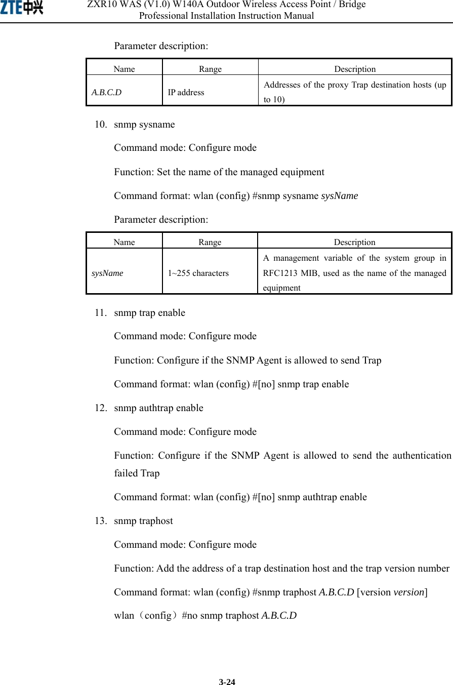 ZXR10 WAS (V1.0) W140A Outdoor Wireless Access Point / Bridge Professional Installation Instruction Manual  3-24 Parameter description: Name   Range   Description   A.B.C.D IP address  Addresses of the proxy Trap destination hosts (up to 10)   10.  snmp sysname Command mode: Configure mode Function: Set the name of the managed equipment   Command format: wlan (config) #snmp sysname sysName  Parameter description: Name   Range   Description   sysName 1~255 characters A management variable of the system group in RFC1213 MIB, used as the name of the managed equipment   11.  snmp trap enable Command mode: Configure mode Function: Configure if the SNMP Agent is allowed to send Trap   Command format: wlan (config) #[no] snmp trap enable   12. snmp authtrap enable Command mode: Configure mode Function: Configure if the SNMP Agent is allowed to send the authentication failed Trap   Command format: wlan (config) #[no] snmp authtrap enable   13. snmp traphost Command mode: Configure mode Function: Add the address of a trap destination host and the trap version number   Command format: wlan (config) #snmp traphost A.B.C.D [version version]   wlan（config）#no snmp traphost A.B.C.D  