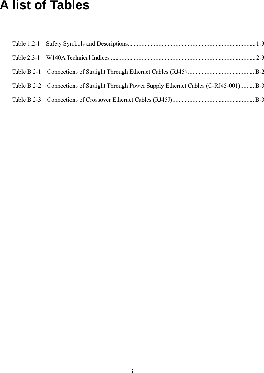   -i-A list of Tables Table 1.2-1    Safety Symbols and Descriptions...................................................................................1-3 Table 2.3-1  W140A Technical Indices ..............................................................................................2-3 Table B.2-1    Connections of Straight Through Ethernet Cables (RJ45) ........................................... B-2 Table B.2-2    Connections of Straight Through Power Supply Ethernet Cables (C-RJ45-001)......... B-3 Table B.2-3    Connections of Crossover Ethernet Cables (RJ45J)..................................................... B-3   