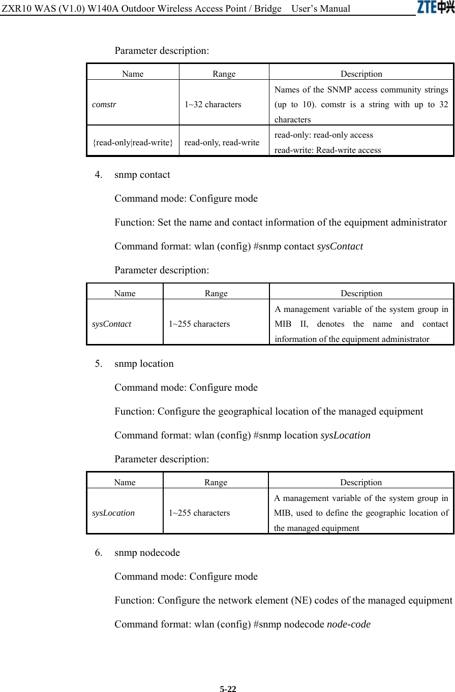 ZXR10 WAS (V1.0) W140A Outdoor Wireless Access Point / Bridge    User’s Manual  5-22 Parameter description: Name   Range   Description   comstr 1~32 characters Names of the SNMP access community strings (up to 10). comstr is a string with up to 32 characters   {read-only|read-write} read-only, read-write  read-only: read-only access   read-write: Read-write access   4.   snmp contact Command mode: Configure mode Function: Set the name and contact information of the equipment administrator   Command format: wlan (config) #snmp contact sysContact  Parameter description: Name   Range   Description   sysContact 1~255 characters A management variable of the system group in MIB II, denotes the name and contact information of the equipment administrator   5.   snmp location Command mode: Configure mode Function: Configure the geographical location of the managed equipment   Command format: wlan (config) #snmp location sysLocation  Parameter description: Name   Range   Description   sysLocation 1~255 characters A management variable of the system group in MIB, used to define the geographic location of the managed equipment   6.   snmp nodecode Command mode: Configure mode Function: Configure the network element (NE) codes of the managed equipment   Command format: wlan (config) #snmp nodecode node-code   